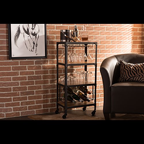 Baxton Studio Swanson Rustic Industrial Style Antique Black Textured Finish Metal Distressed Wood Mobile Kitchen Bar Wine Storage Shelf #TOP4
