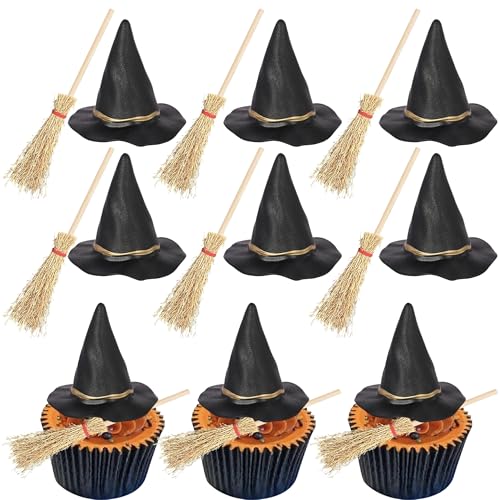 Xsstarmi 12 Pack Halloween Witch Theme Cupcake Toppers Broom Witch Hat Cupcake Picks for Witch Wizard Theme Birthday Halloween Party Cake Decorations Supplies