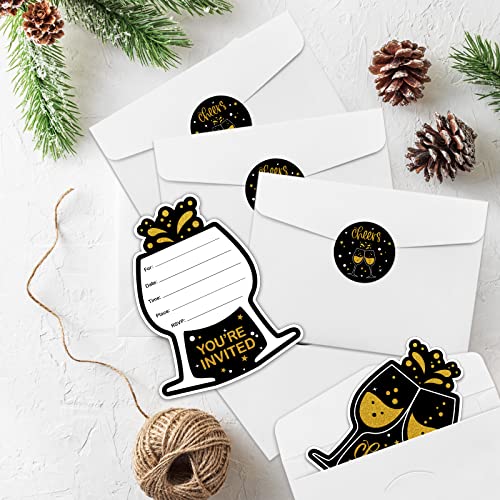 Rewidparty Black Gold Birthday Party Invitations With Envelopes & Stickers（Set Of 15） Cheers Shaped Fill-In Invitations Black & Gold Invites Cards Birthday Anniversary Party Celebration Supplies #TOP5