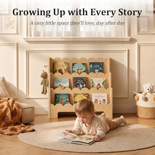 Image of Scalloped Kids Bookshelf, 3-Tier Wooden Bookshelf for Kids' Room, Toddler Book Organizer and Montessori-Style Bookcase Display Shelf for Nursery, Bedroom, Playroom and Reading Corner