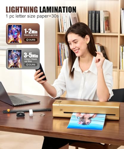 Image of 13 Inch Laminator Machine, A-3 9-in-1 Thermal Laminator with Sheets for Hot & Cold Laminating Machine, Features Fast 60-Sec Warm Technology and Never-Jam Design for Home,Office,or School Use (Gold)