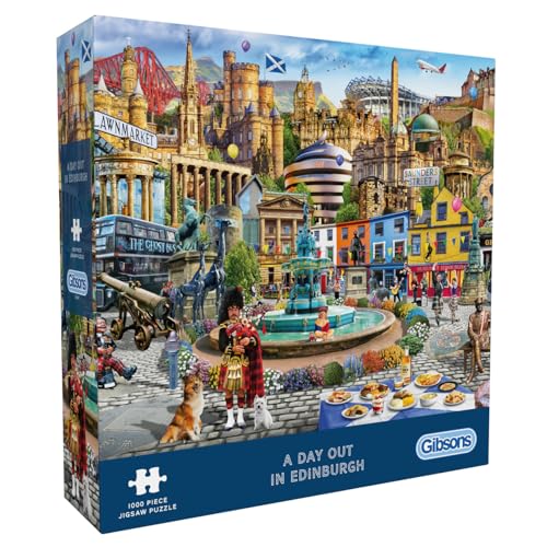 Gibsons A Day Out in Edinburgh 1000 Piece Jigsaw Puzzle for Adults - Iconic City Landmarks Artwork by Adrian Chesterman, Premium Sustainable Puzzle Made in the UK/EU - Great Gift