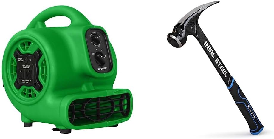 XPOWER P-230AT Mini Mighty 1/4 HP 925 CFM Centrifugal Air Mover, Carpet Dryer, Floor Fan, Blower, Stackable, Daisy Chain, Green & Real Steel 0517 Milled Face Framing Hammer with Rip Claw, 21 oz