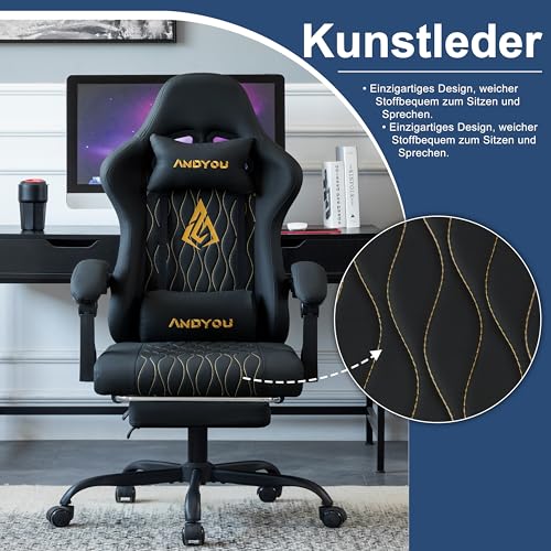 Andyou Silla Gaming Ergonómica Profesional con Soporte Lumbar - Silla Gamer para Adulto, Giratoria y Reclinable con Reposapiés Ajustable y Tela Transpirable, Soporte 150 kg para Oficina y PC - imagen 4