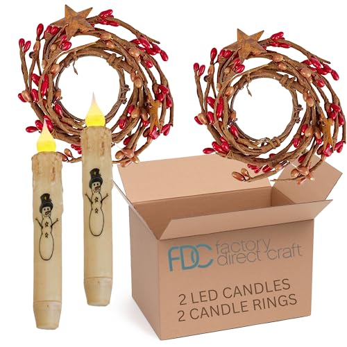 Factory Direct Craft Primitive Snowman LED Candles with Red and Tan Pip Berry Candle Rings Rustic Candle Set for Winter Home Decor and Christmas Candle Displays (Size: 6-1/2