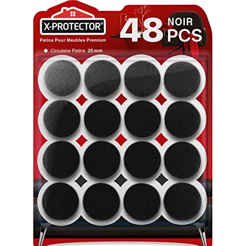 Patins en Feutre Auto-Adhésifs 48 PCS 25 mm X-Protector - Patins pour Meubles Noir - Patin Meuble Premium - Patin Feutre Autocollant - Patins Glisseurs pour...