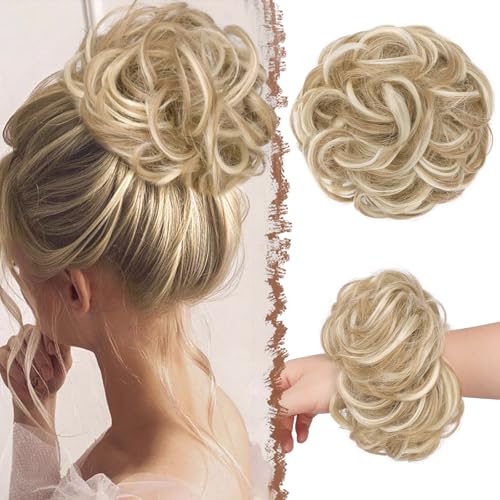 FESHFEN Moños Postizos, Natural Rizado Ondulado Postizo Moño Sintético Extensiones de Cabello Pelo Desordenado Coleta Postiza para Mujer 55g, Rubio Oscuro Cenizo