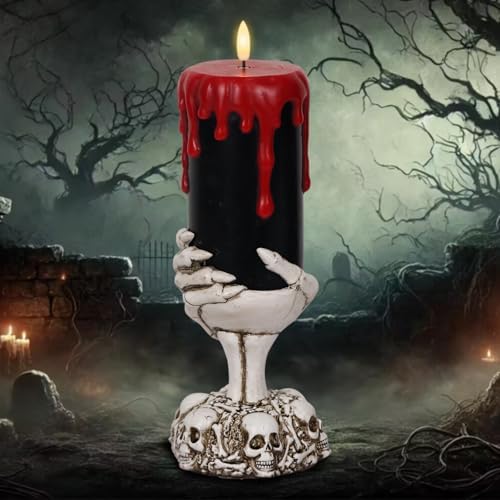 Blood Dripping Black LED Pillar Candles with 6H Timer, Battery Operated Halloween Flameless Candles with Skull Hand Candle Holder, Horror Spooky Lamp Indoor Table Centerpiece