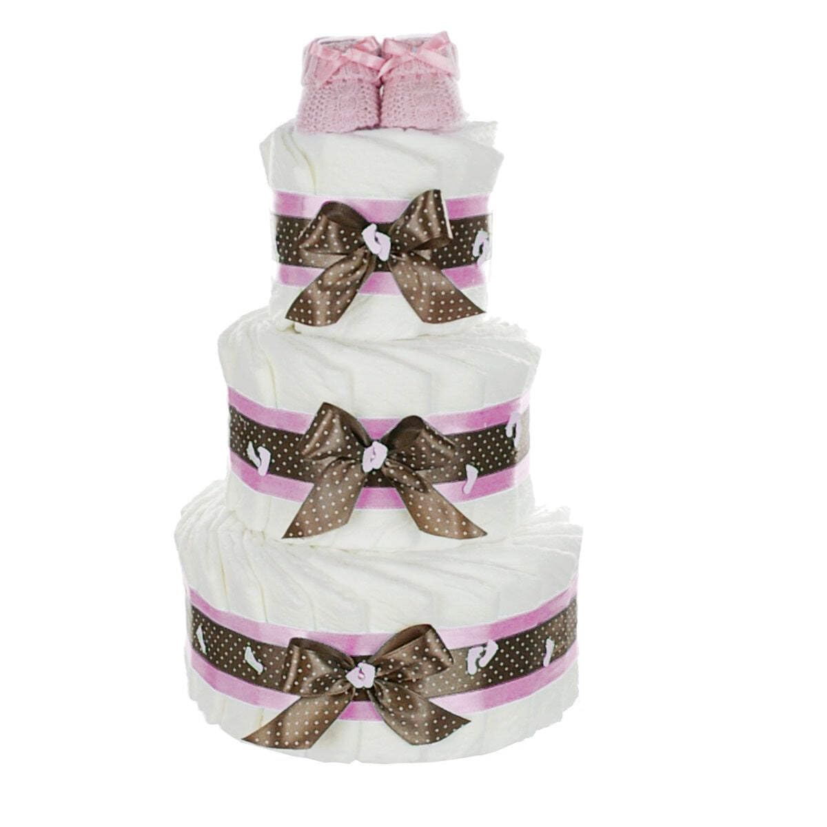 XXL Windeltorte für Mädchen mit Babybooties rosa / 59-teilig / 3-stöckig