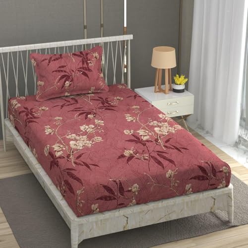 Image of Premium Heavy Cotton Elastic Fitted Bedsheets with 1 King Size Pillow Covers | Single Bed with All Around Elastic 350 TC | 36 x 78 x 6 Inch Single Size Fitted | - Maroon Flower