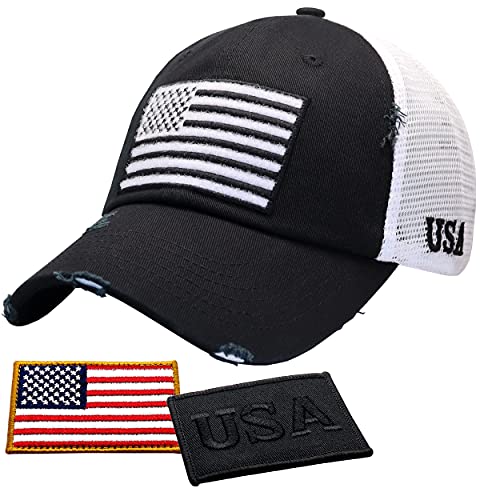 Image of Antourage American Flag Unconstructed Unisex Mesh Snapback Baseball Hat Cap for Men and Women +2 Patriotic Patches Included