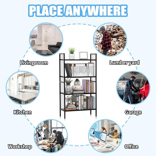 Image of Livzing 4 Tier Height Adjustable Metal Bookshelf Metal Rack Wooden Almirah for Home Library Book Shelf Open Display Books Rack 4 Layer Book Shelf Bookcases DIY