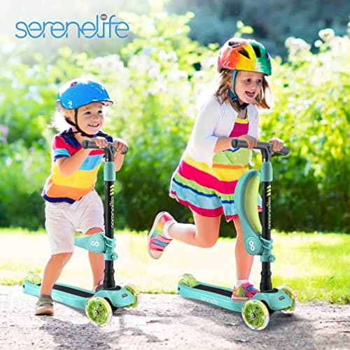 Serenelife 3 Wheeled Scooter For Kids - 2-In-1 Sit/Stand Child Toddlers Toy Kick Scooters W/ Flip-Out Seat, Adjustable Height, Wide Deck, Flashing Wheel Lights, Great For Outdoor Fun Slks18 (Teal) #TOP5