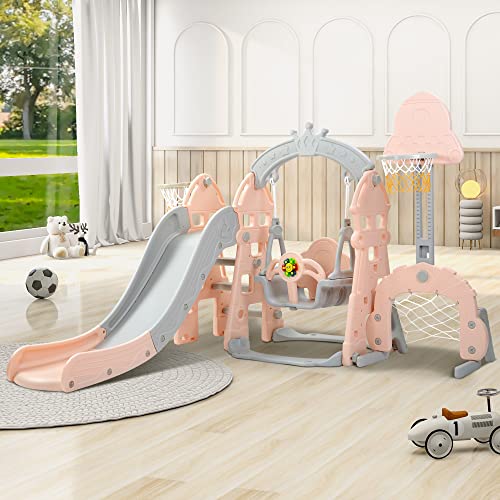 Tobogán infantil 5 en 1 multifuncional con canasta de baloncesto, portería de fútbol, columpio, torre de escalada, para niños de 2 a 8 años, color rosa