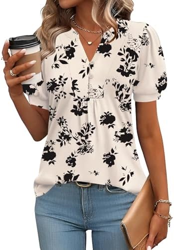 IECCP Womens Tops Puff Short Sleeve Shirts Dressy Casual V-Neck B...