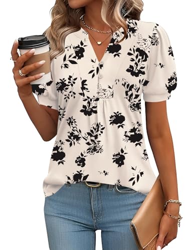 IECCP Blouses for Women Dressy Casual Fall Short Sleeve Tops Summer Trendy V-Neck T-Shirts Ladies Tunics to Wear with Leggings (Apricot Black Floral,L)