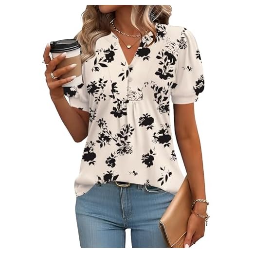 IECCP Blouses for Women Dressy Casual Fall Short Sleeve Tops Summer Trendy V-Neck T-Shirts Ladies Tunics to Wear with Leggings (Apricot Black Floral,L)