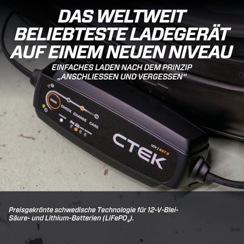 CTEK NXT 5 Smart-Batterieladegerät 12 V, 5 A, kompatibel mit Blei-Säure- und Lithium-Batterien, Rekonditionierungsmodus, AGM-Optimierung, Temperaturkompensation, praktischer Batterie-Wartungsgerät