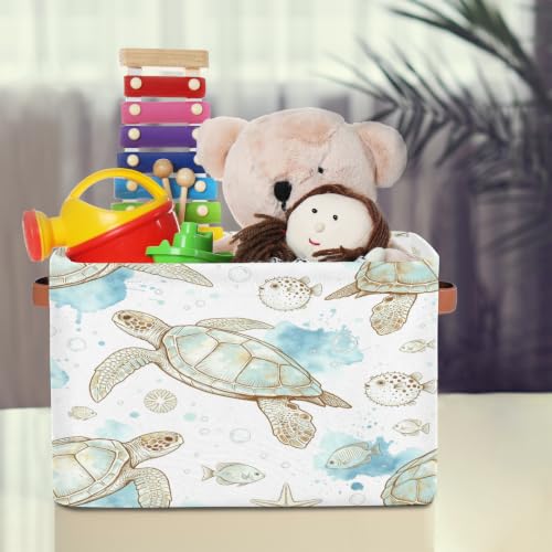 Image of Tropical Ocean Sea Animal Square Storage Basket, Fabric Storage Bin with Leather Handles Collapsible Storage Bin Nursery Hamper for Organizing Toys, Clothes, Books, Gift Baskets