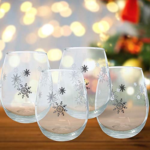 Snowflake Winter Wine Glass Set - Set Of 4 Stemless Glasses With Silver Snowflake Designs - 14Oz #TOP4