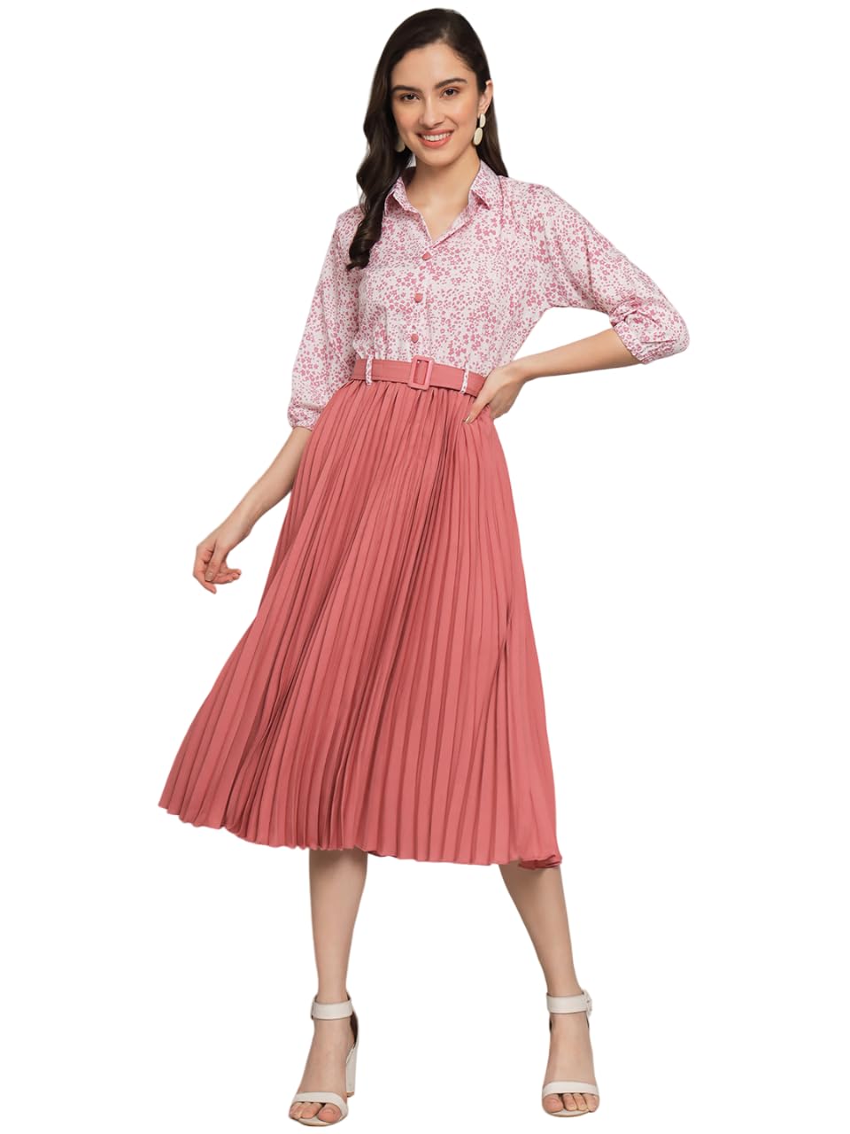 Kzully | Elegant A-Line Dress: Collared V-Neck Top, Pleated Skirt With Elastic Waist, Includes Belt Peach