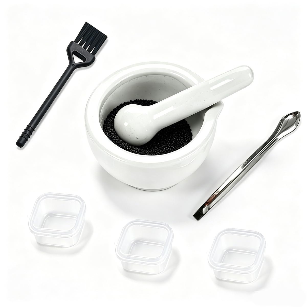 2.5inch Pills Crusher with 3 Pill Mini Case,Small White Ceramic Mortar and Pestle Set with Spoon and Cleaning Brush,Small Spice Herb Grinder for Kitchen Pharmacy Pet Use
