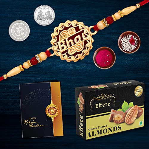 Image of DeoDap Multicolor Bhai Coded Rakhi Bracelet Roli with Chocolate Almonds 32gm, Silver Pooja Coin, Tilak Set, Greeting Card - Rakhi Gift for Brother