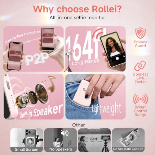 Rollei M4 Selfie Monitor Screen for iPhone 17 Series & Android, 4K Magnetic Back Camera Monitor 164FT Wireless Control, Vlog Screen for Live Streaming & Video Recording(Pink) by Rollei - Image 5