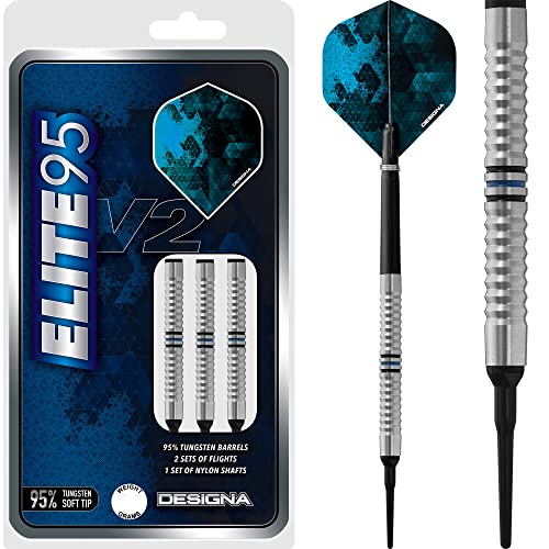 DESIGNA DARTS Elite 95 V2 | 95% Wolfram Barrel Soft Tip Dart-Set mit Schäften und Flights, M3, 20g (D9852) Cover