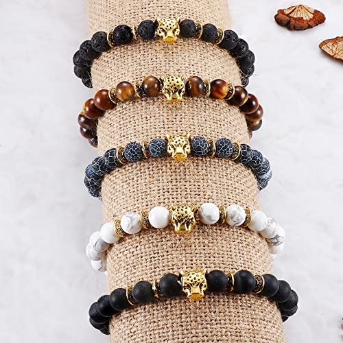 Fibo Steel 1-5 Pcs Lava Rock Stone Bead Bracelet For Men Women Leopard Head Bracelet Set Adjustable,8Mm Stone X #TOP4