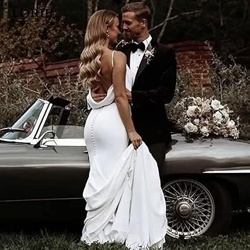 Beach Wedding Dresses for Bride Spaghetti Straps Mermaid Satin Beach Bridal Gown with Train Boho Bridal Gown for Women A-white - Thumbnail 5