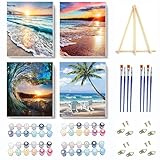 4 Pack Paint by Numbers Kit for Adults Framed Canvas - with Wooden Easel,Adults' Paint-by-Number Kits Beach Sunset Leisure Chair DIY Acrylic Landscape Oil Painting Kits Arts Crafts 7.8x11.8inch