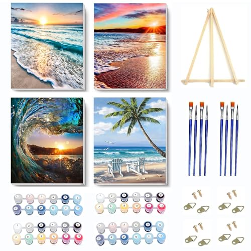 4 Pack Paint by Numbers Kit for Adults Framed Canvas - with Wooden Easel Adults Paint-by-Number Kits Beach Sunset Leisure Chair DIY Acrylic Landscape Oil Painting Kits Arts Crafts 7.8x11.8inch