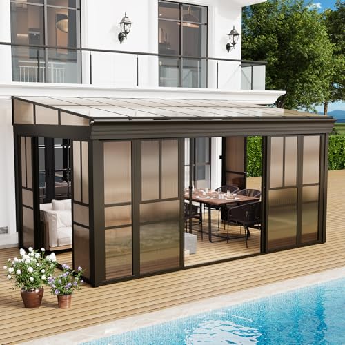 EROMMY 10x16 Lean-to Sunroom Gazebo, Enclosed Patio Shelter with Sliding