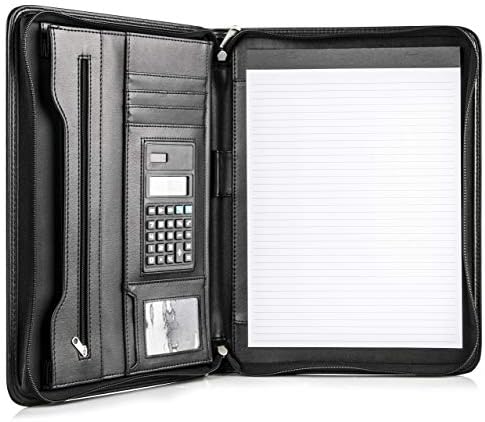 COSSINI Black Superior Vegan Leather Business Portfolio with Zipper – Padfolio All-in-One - Smartest Protective 10.1 Inch Tablet Sleeve, Presentation Slot, Solar Calculator, Card Storage, Writing Pad