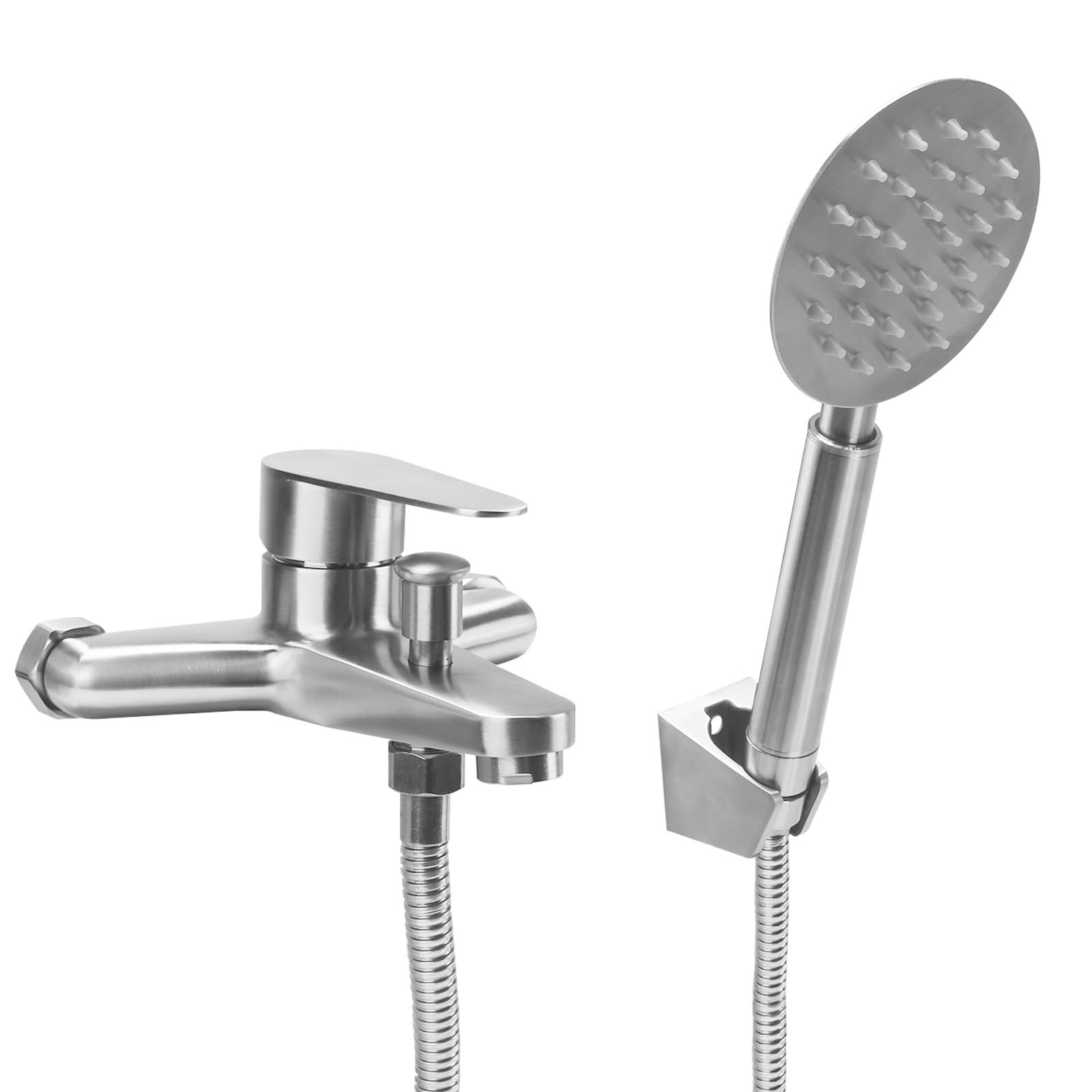 Rubinetto Vasca da Bagno con Doccetta, Miscelatore Vasca da Bagno in Acciaio Inox, Rubinetto Doccia da Muro Monocomando, Miscelatore Doccia Esterno, per Bagni, Vasche, Argenteo