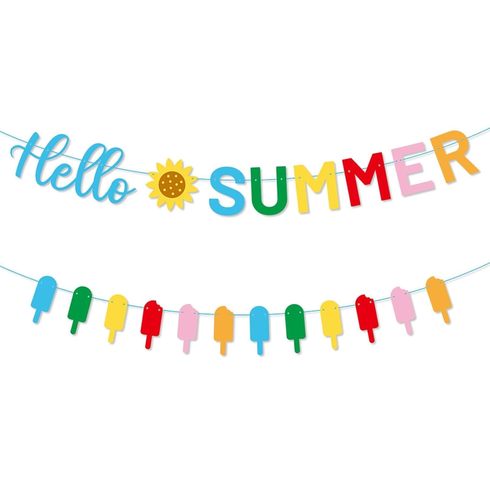 Hello Summer Banner| Colorful Welcome Summer Sunflower Bunting| Ice Cream Popsicle Garland| Indoor Outdoor Beach Pool Party Decorations| Tropical Hawaii Hanging Decor & Photo Props