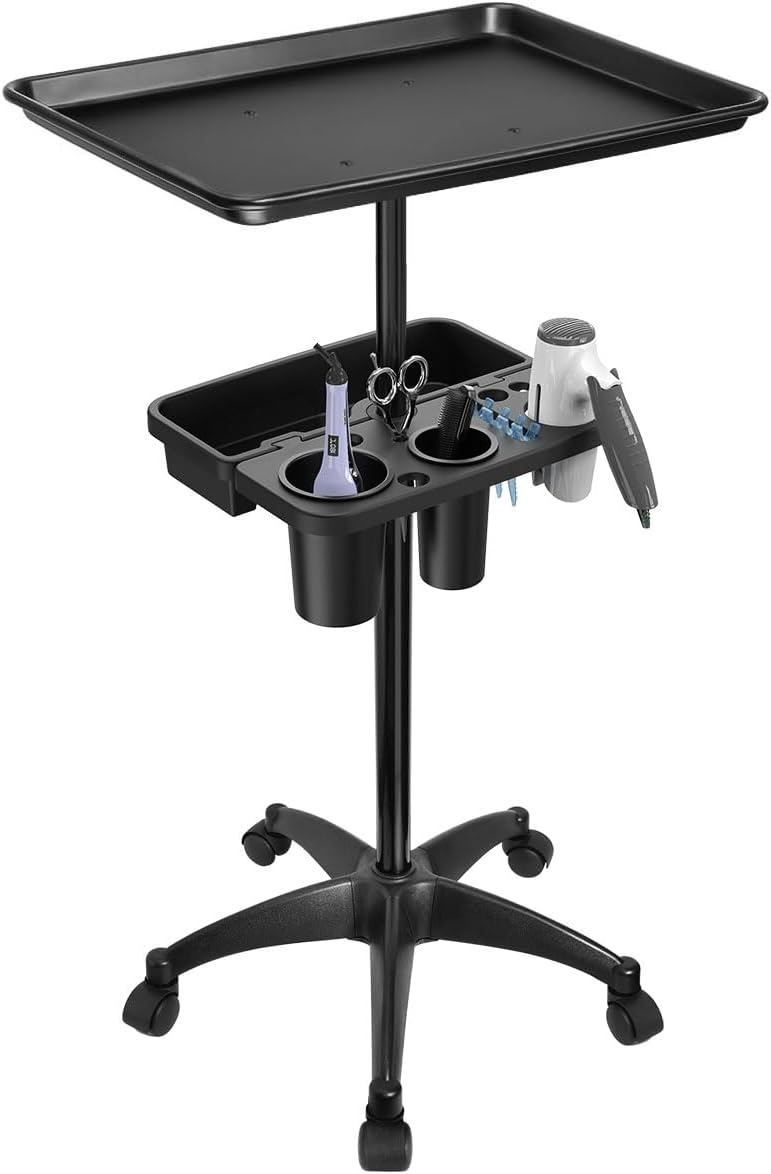 Rolling Salon Tray Cart with Extra Storage Space, Metal Salon Tray on Wheels, Adjustable Hairstylist Tray Salon Stations for Hair Stylist, Tattoo Tray Salon Trolley Cart for Salon & Spa Use