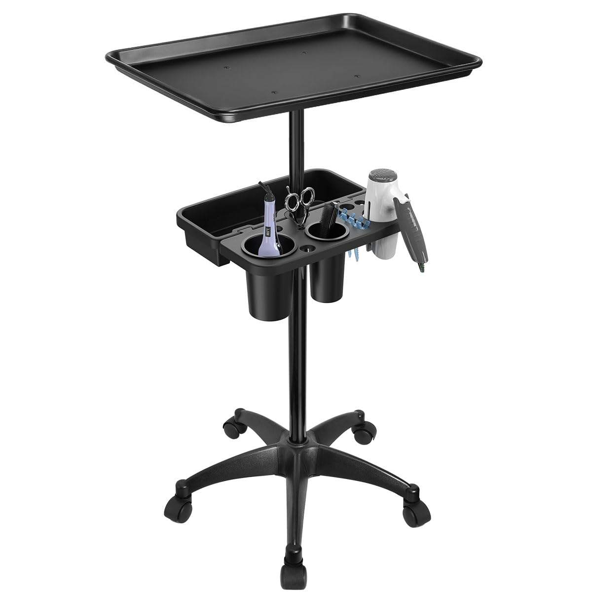 Rolling Salon Tray Cart with Extra Storage Space, Metal Salon Tray on Wheels, Adjustable Hairstylist Trays Salons Stations for Hair Stylist, Tattoo