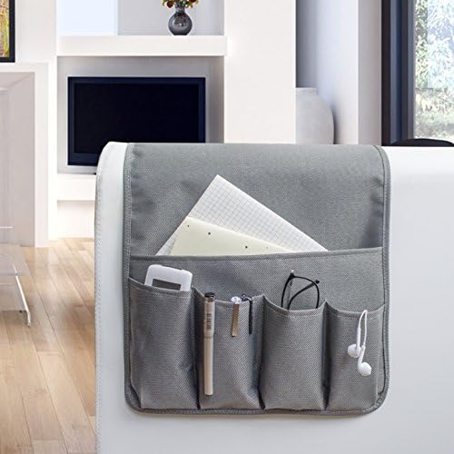 MDSTOP 5 Pockets Remote Control Holder, Magazine Rack, Space Saver Organizer, Draped Over Sofa, Couch, Recliner Armrest((Grey-Twill)