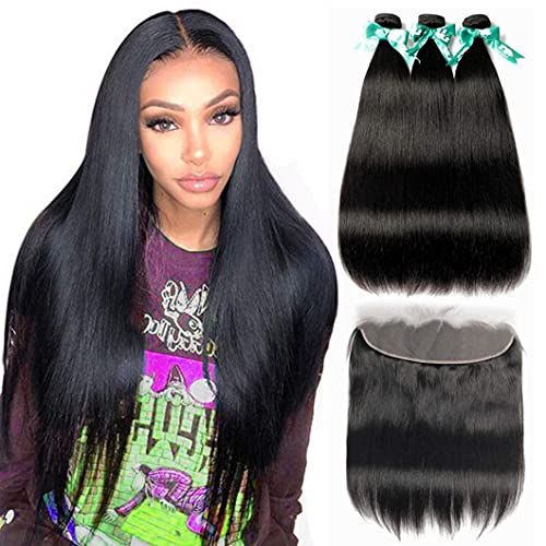 Beauhair Brazilian Straight Hair 3 Bundles With Frontal Closure(10 12 14+10Frontal) 13x4 Ear to Ear Lace Frontal Closure With Bundles Unprocessed Virgin Human Hair Bundles With Frontal Natural Color