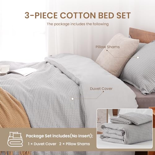Valuxe Duvet Cover Set King Size 100% Cotton,Light Gray Waffle Weave Soft And Breathable 3 Pcs Bedding Set  thumb #4