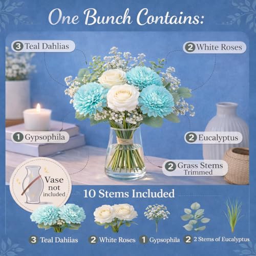 Image of Premium Artificial Flower Bunch - Mum, Rose with White Baby Breath | Realistic Fabric Petals | Artificial Flowers for Vase | Home Decoration Items for Living Room & Bedroom | Light Blue