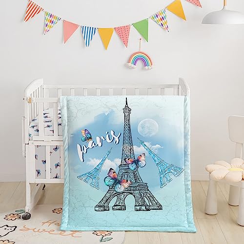 Image of Eiffel Tower Crib Bedding Set, 3 Pcs with Comforter, Sheet & Skirt - Butterfly Printed Nursery Bedding for Boys & Girls