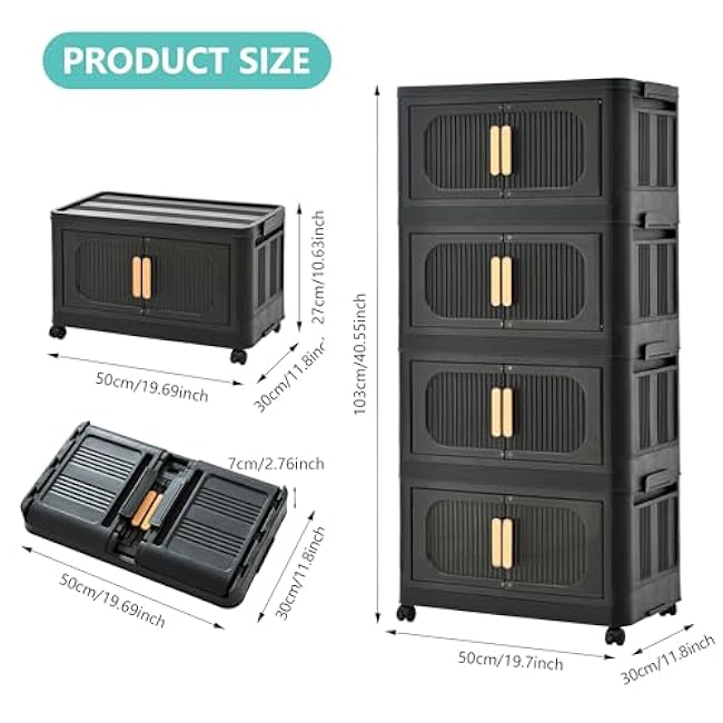 Holaki 156 QT Storage Bins with Lid, 4 Tiers Collapsible Closet Organizers, Stackable Plastic Storage Bins Cabinet Box with Wheels and Magnetic Door(Black)