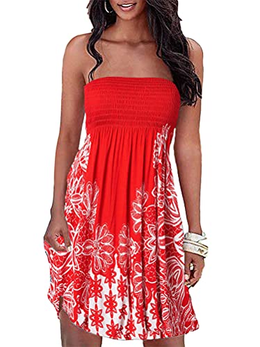 Tomwell Robe Femme Eté Bustier Boho Floral Imprimé Minirobe Bandeau sans Manches Robe de Plage Robe Débardeur Simple Mode Décontractée A Rouge M