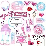 24pcs Sing Photo Booth Props - Birthday Party Supplies with Sing Theme Props for Girls, Pink Music Lyrics Party Decorations