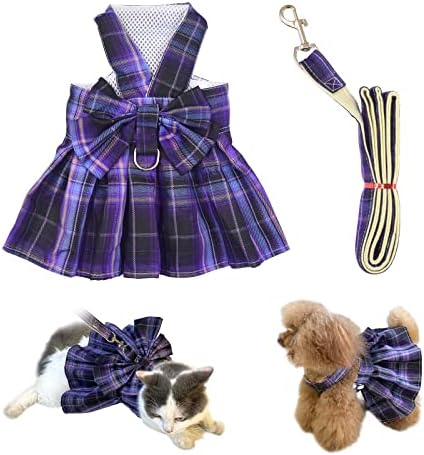 Riyanon Purple Plaid Dog Dress Harness with D Ring Bow Tie Charming Girl Dog Dress for Walk, Party, Photo(Small, Purple)