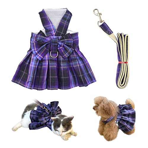 Riyanon Purple Plaid Dog Dress Harness With D Ring Bow Tie Charming Girl Dog Dress For Walk, Party, Photo(Small, Purple) #TOP25