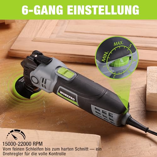 WORKPRO Oszillationswerkzeug, 400W Multifunktionswerkzeug mit 23 Zubehörteilen & Tasche, 6 Geschwindigkeiten (15000–22000 U/min), 3,5° Oszillationswinkel, Ideal zum Schneiden, Schleifen und Schaben
